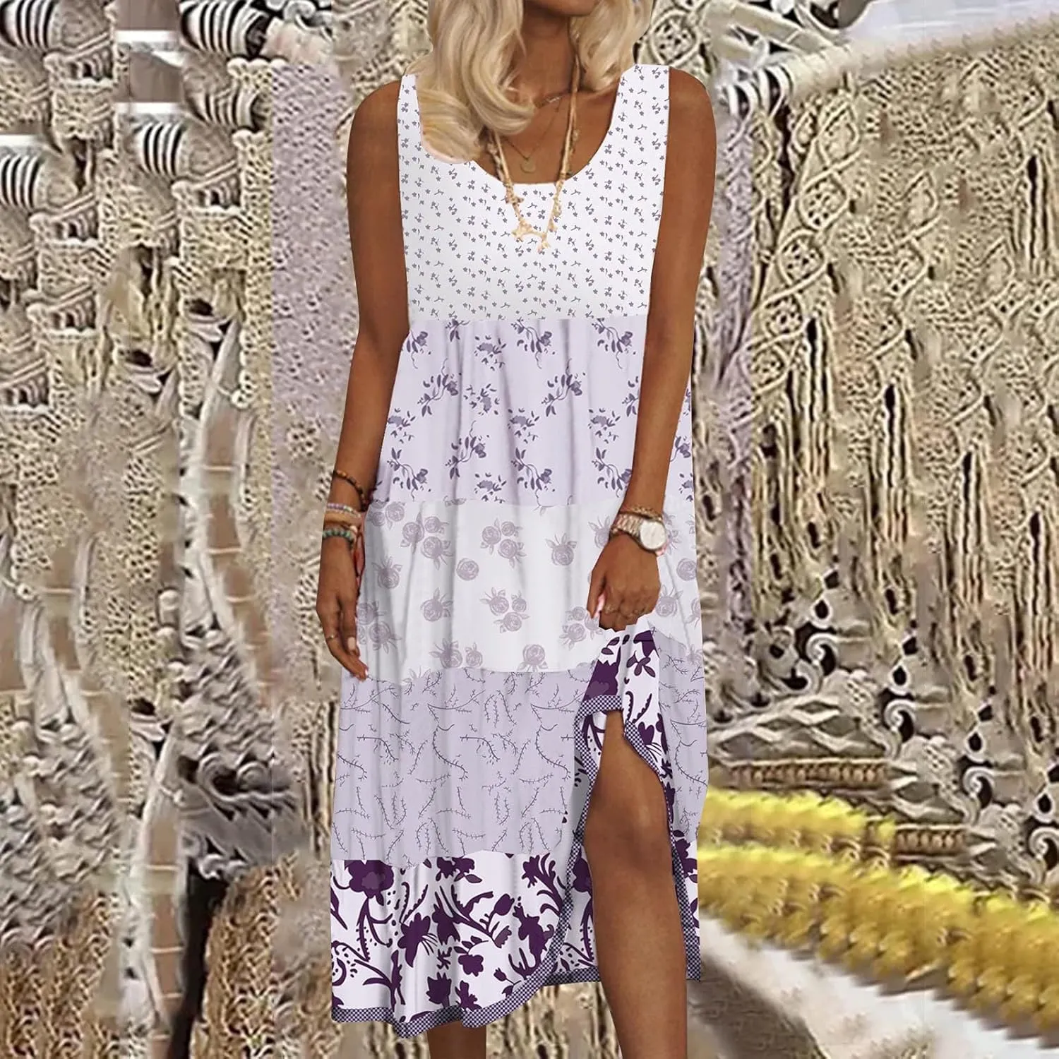 ZYXTIM Bohemian Dress for Women Floral U Neck Sleeveless Smocked Sundresses Plus Size A Line Flowy Beach Long Dresses