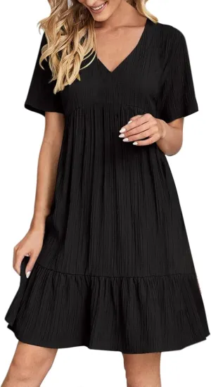 ZYXTIM Summer Dresses for Women 2025 V Neck Short Sleeve Casual Loose Flowy Swing Dress Plus Size Plain Boho Beach Sundress