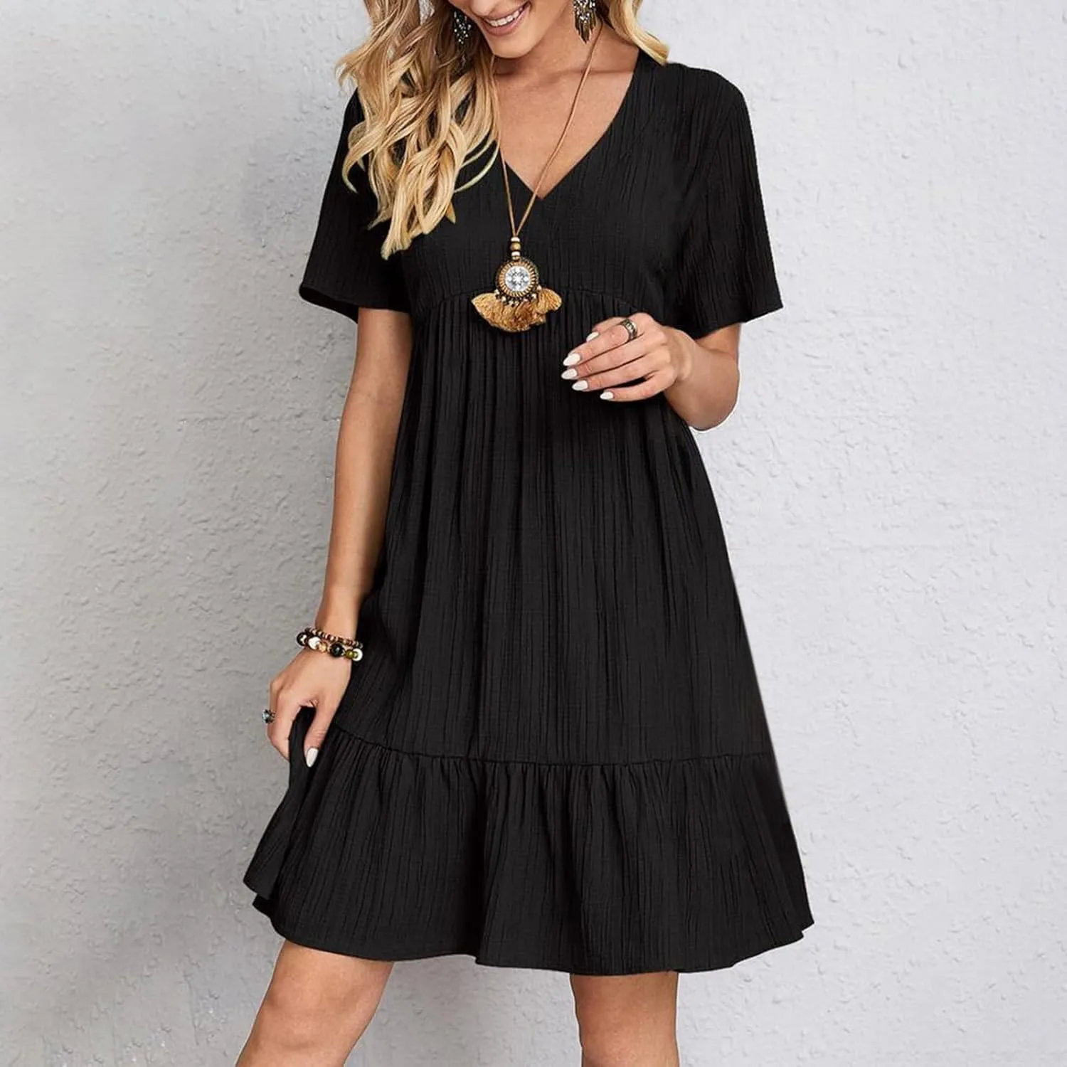 ZYXTIM Summer Dresses for Women 2025 V Neck Short Sleeve Casual Loose Flowy Swing Dress Plus Size Plain Boho Beach Sundress