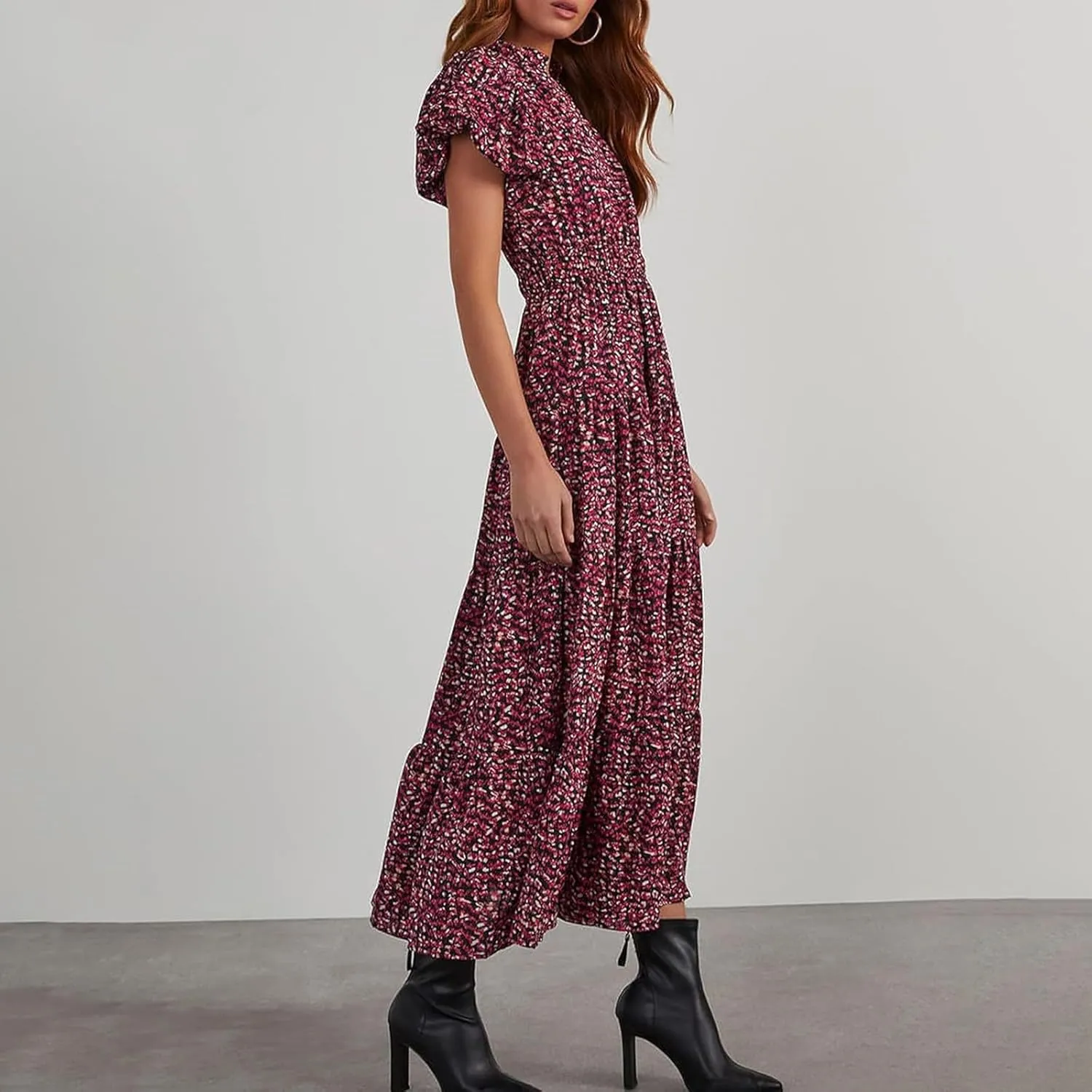 ZYXTIM Woman's Floral V Neck Boho Dress Short Sleeve A-Line Flowy Maxi Beach Vacation Dresses High Waist Wedding Guest Skirts