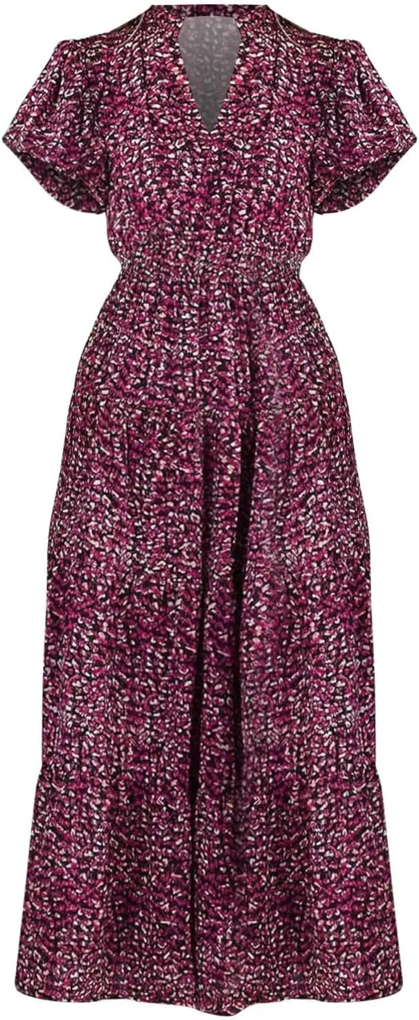 ZYXTIM Woman's Floral V Neck Boho Dress Short Sleeve A-Line Flowy Maxi Beach Vacation Dresses High Waist Wedding Guest Skirts