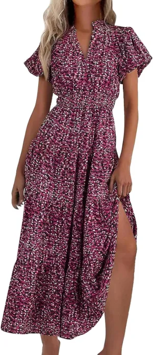 ZYXTIM Woman's Floral V Neck Boho Dress Short Sleeve A-Line Flowy Maxi Beach Vacation Dresses High Waist Wedding Guest Skirts