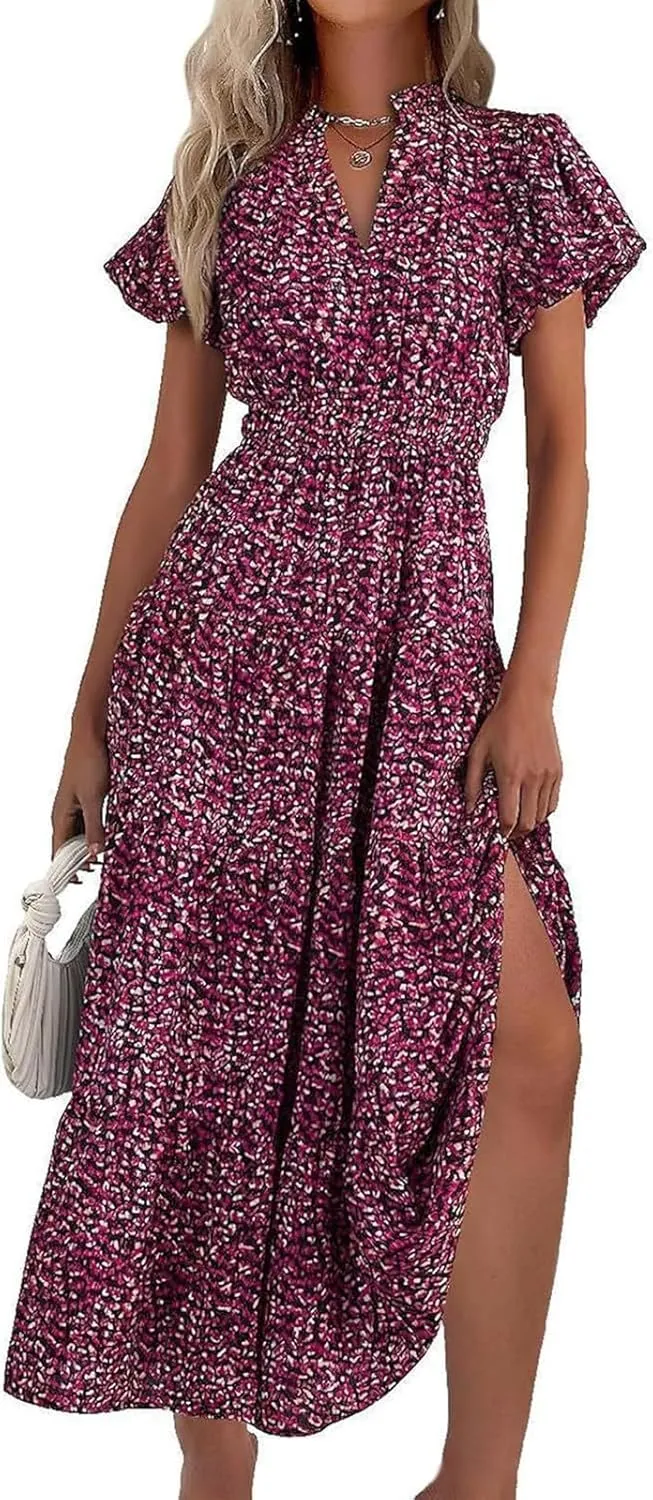 ZYXTIM Woman's Floral V Neck Boho Dress Short Sleeve A-Line Flowy Maxi Beach Vacation Dresses High Waist Wedding Guest Skirts