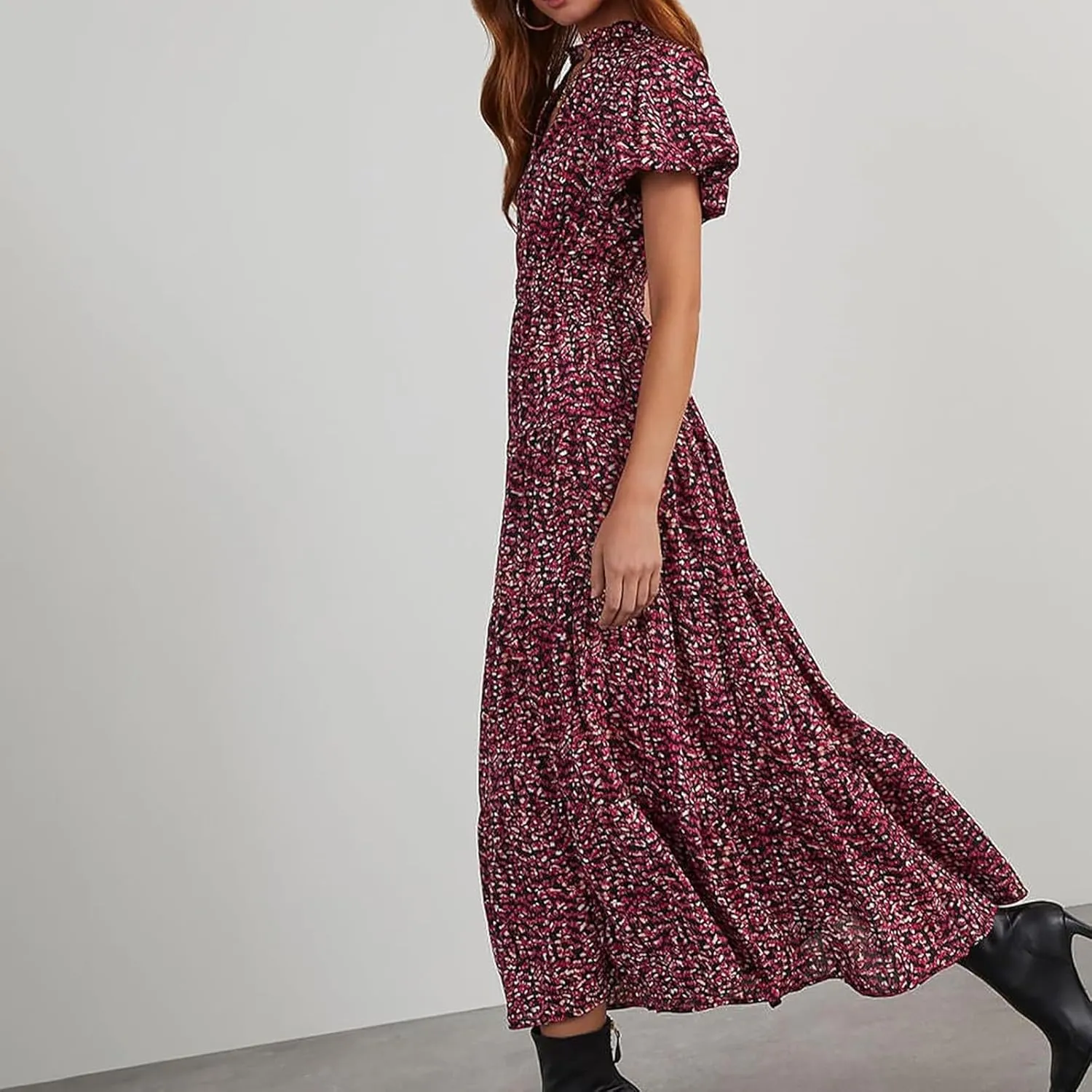 ZYXTIM Woman's Floral V Neck Boho Dress Short Sleeve A-Line Flowy Maxi Beach Vacation Dresses High Waist Wedding Guest Skirts