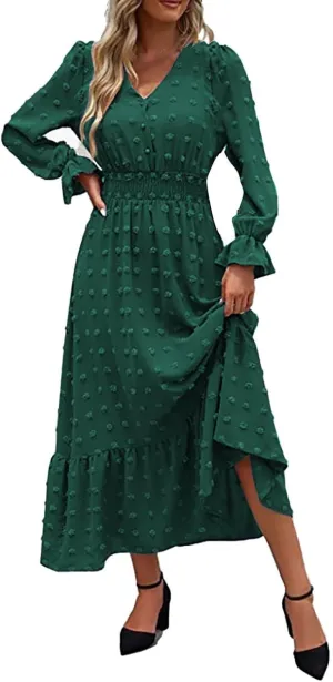 ZYXTIM Women Boho Maxi Dress 2024 Long Sleeve V Neck Jacquard Swiss Dot Smocked High Waisted A-Line Ruffle Tiered Long Dress