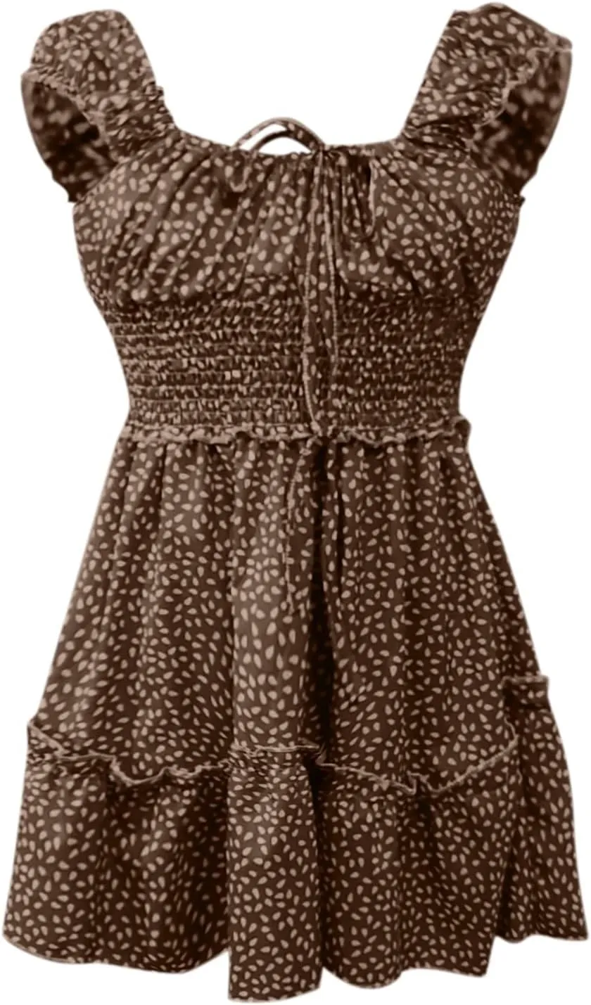 ZYXTIM Womens Boho Floral Mini Dress Puff Sleeve V Neck Slim Fit Flowy Skater Dress Plus Size A Line Fashion Summer Dress