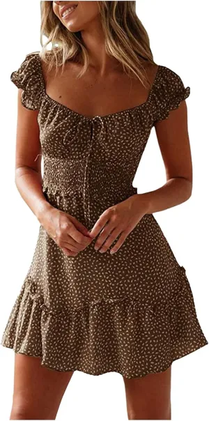 ZYXTIM Womens Boho Floral Mini Dress Puff Sleeve V Neck Slim Fit Flowy Skater Dress Plus Size A Line Fashion Summer Dress