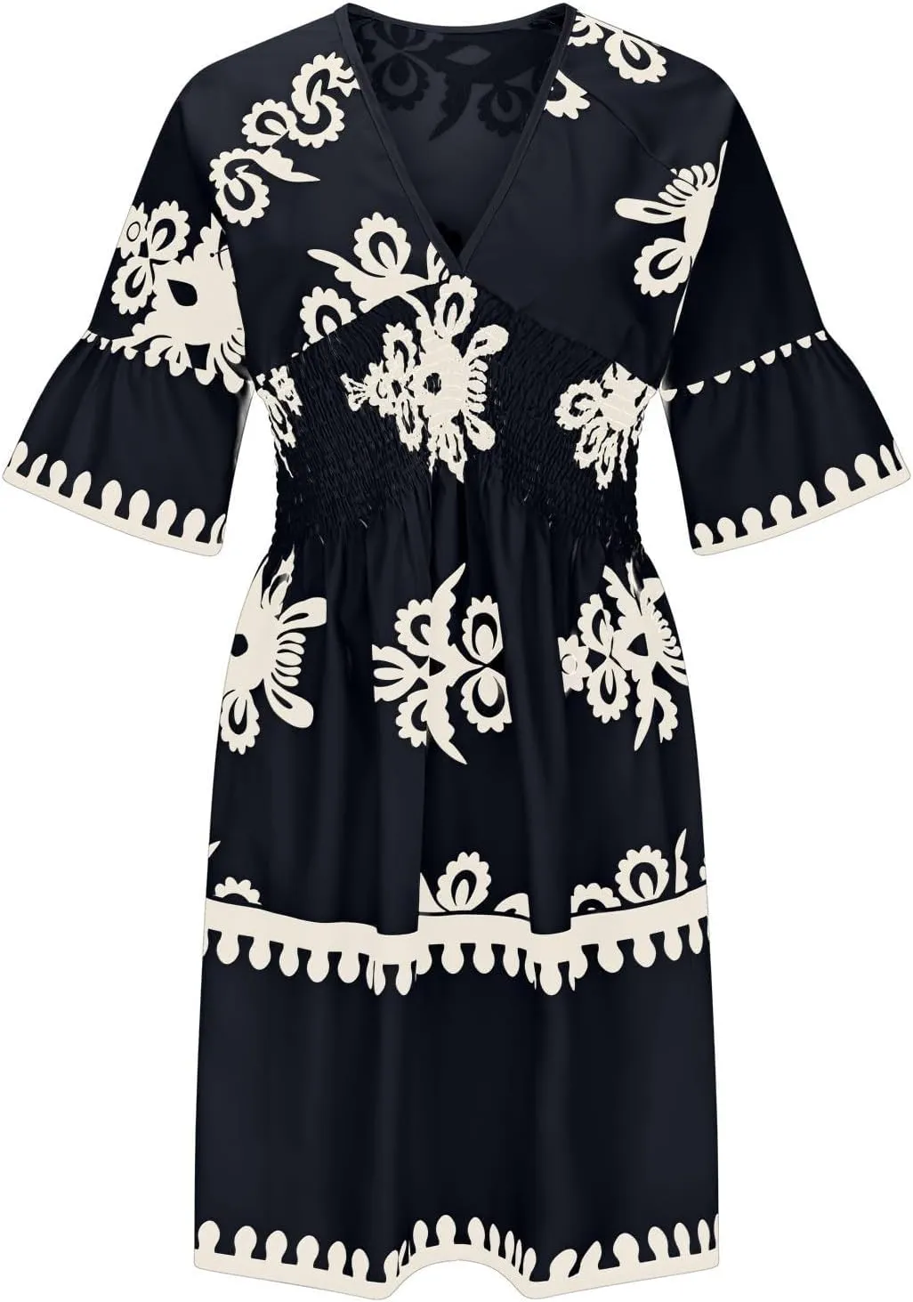 ZYXTIM Women's Elegant V Neck Boho Dresses Plus Size 3/4 Sleeve Smocked Elastic Waist Skater Dress Wedding Guest Dresses