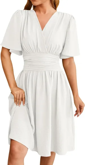 ZYXTIM Womens V Neck Casual Dresses Trumpet Sleeves High Waist Ruffle Pleated Fashion Mini Dress Elegant Belt Office Dress