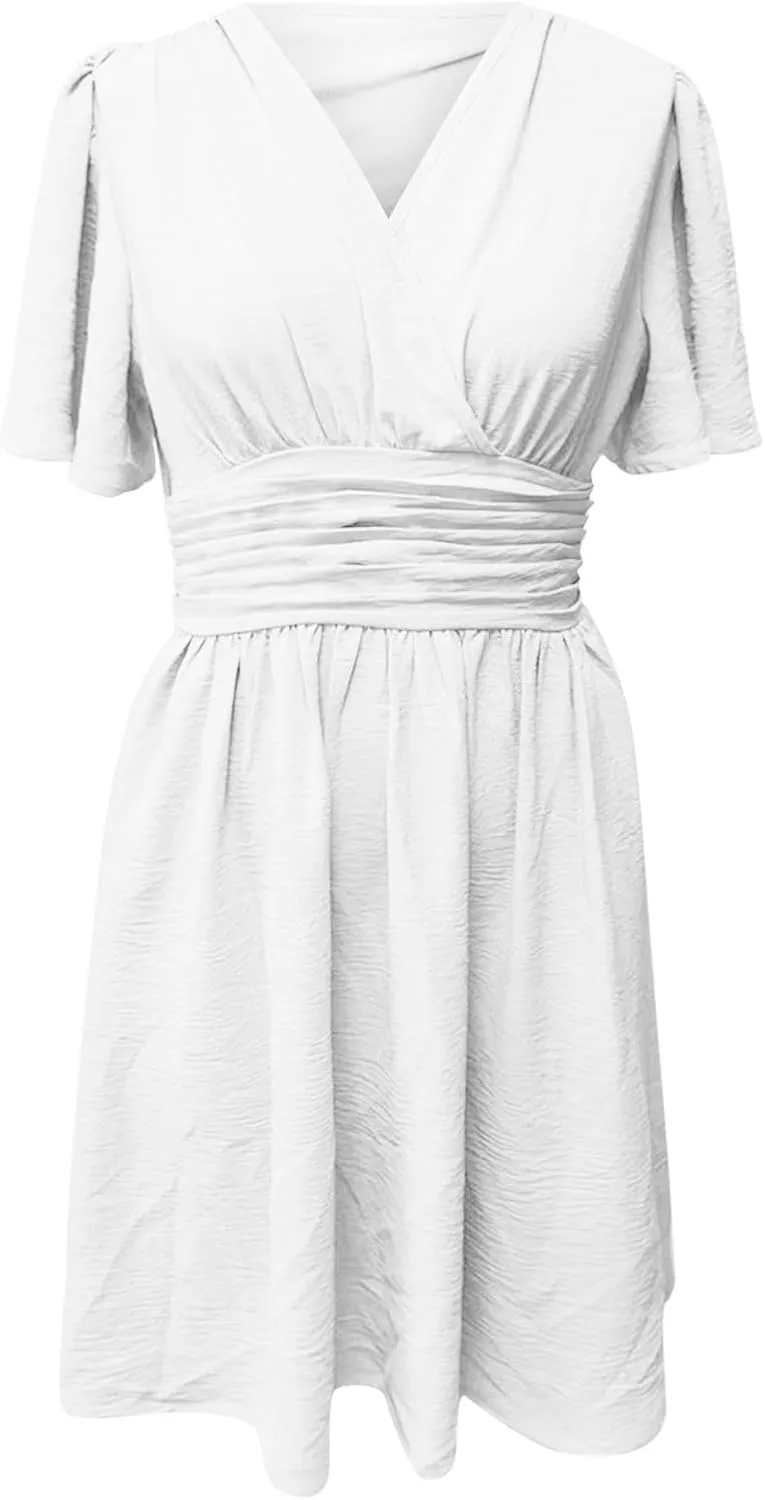 ZYXTIM Womens V Neck Casual Dresses Trumpet Sleeves High Waist Ruffle Pleated Fashion Mini Dress Elegant Belt Office Dress
