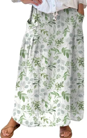 ZYXTIM Womens Vintage Linen Skirt Floral Printed Elastic Waist Loose Fit Maxi Retro Vogue Casual Skirts with Pocket Plus Size