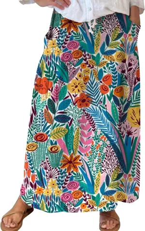 ZYXTIM Womens Vintage Linen Skirt Floral Printed Elastic Waist Loose Fit Maxi Retro Vogue Casual Skirts with Pocket Plus Size